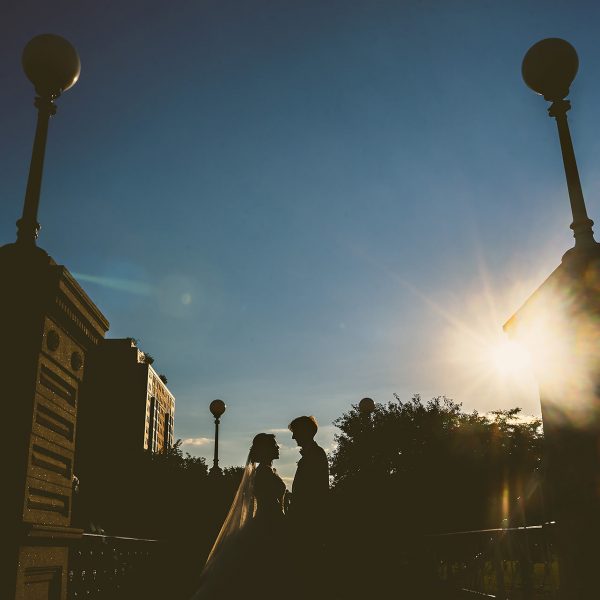 Boston Public Garden wedding silhouette with sun flare