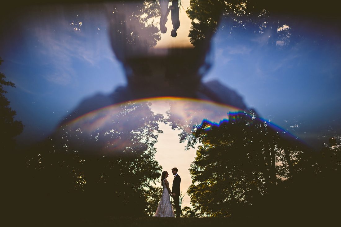 creative reflected wedding portrait in prism