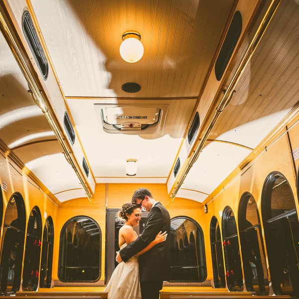 Backlit wedding portrait in trolley